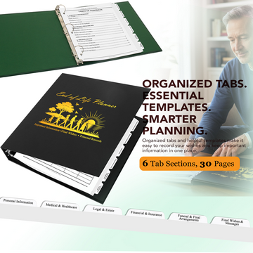 Prepare important information for your loved ones with this personalized End-of-Life Planner. This complete organization system includes one three-ring binder, one matching protective slipcase, six index tabs and 30 printed planning pages.

